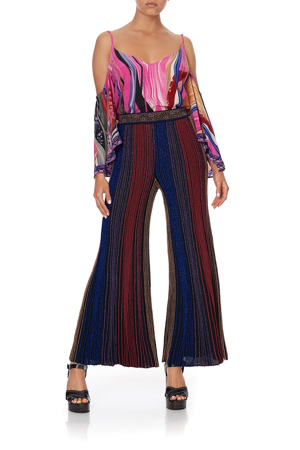 FLARED METALLIC KNIT PANTS FOLK RIVER