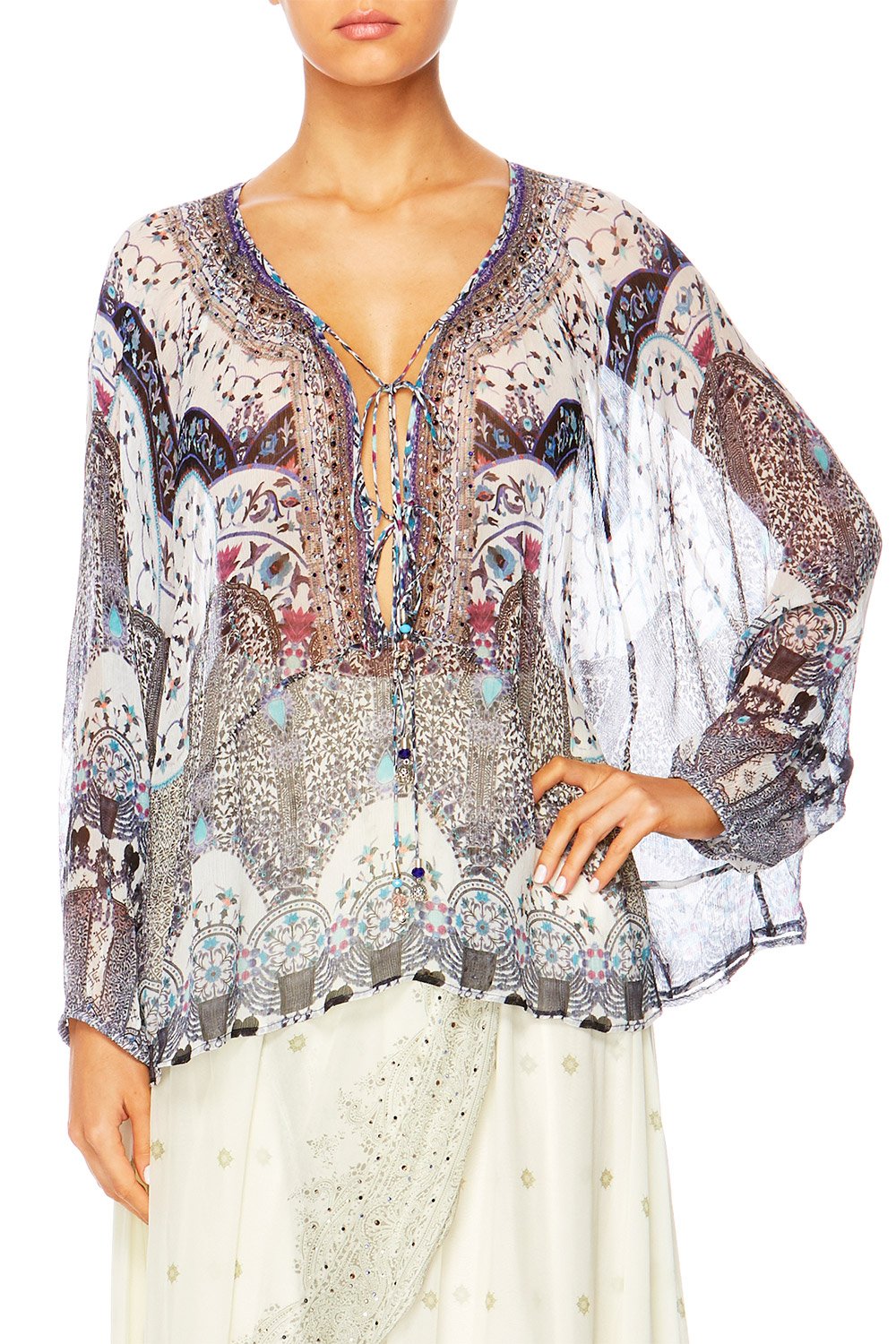 IN THE CONSTELLATIONS TIE FRONT HIGH LOW HEM BLOUSE