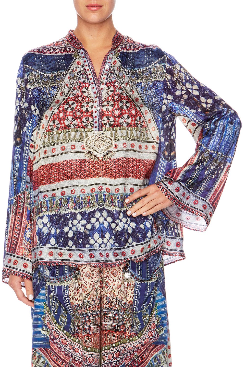 OVERNIGHT BAG WIDE SLEEVE BUTTON UP BLOUSE