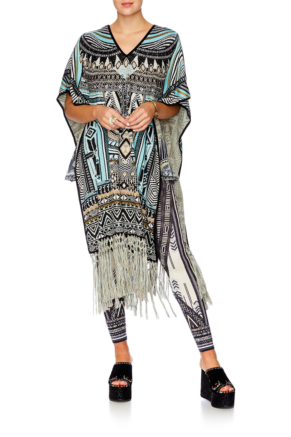 RUNAWAY READY LONG V NECK PONCHO W FRINGING