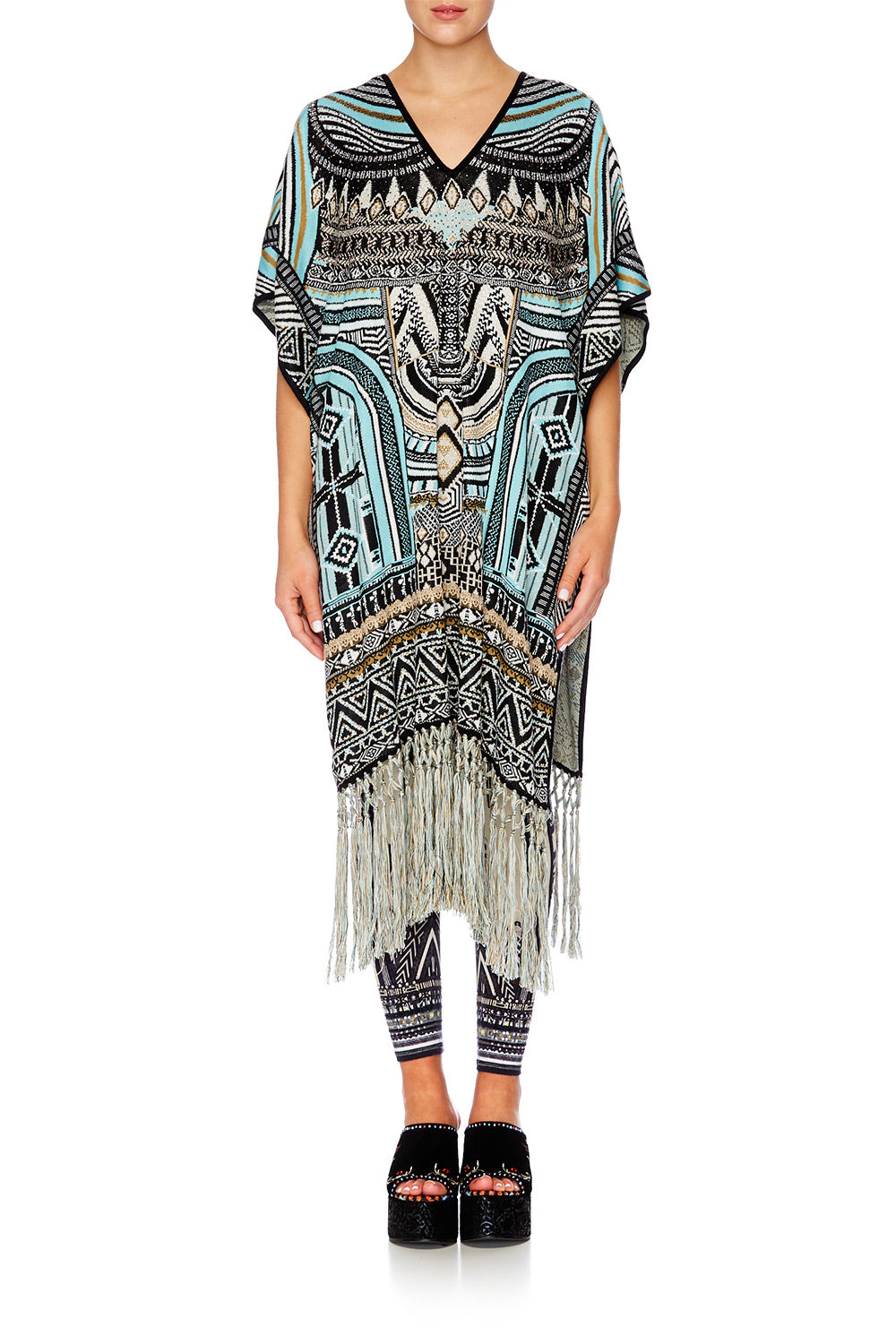 RUNAWAY READY LONG V NECK PONCHO W FRINGING