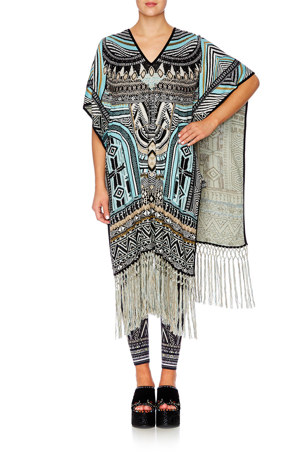 RUNAWAY READY LONG V NECK PONCHO W FRINGING