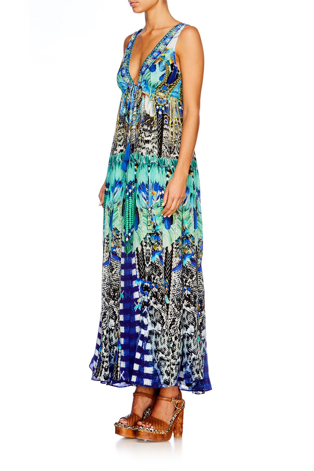 LEAVE ME WILD LONG V NECK DRAWSTRING DRESS