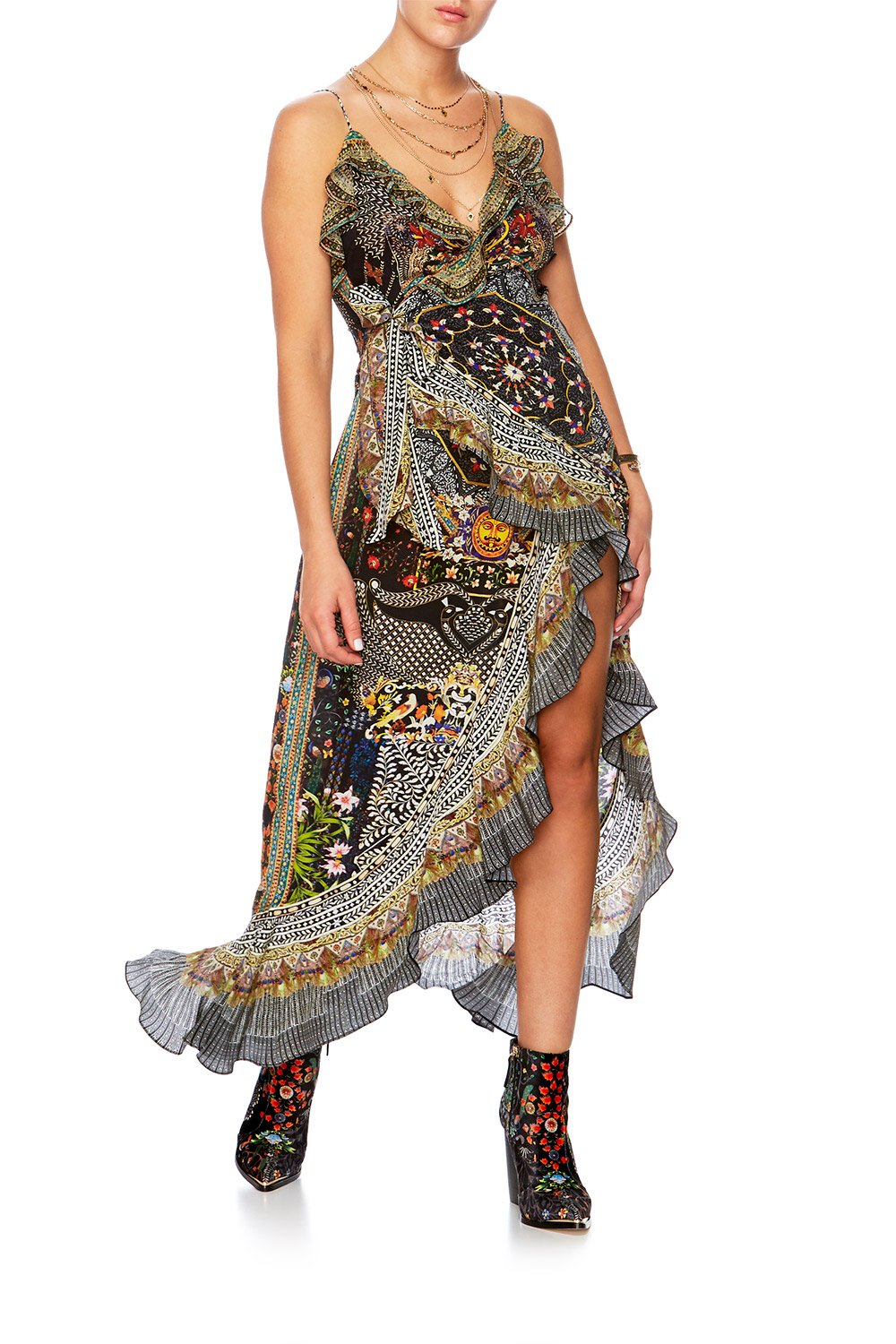 LONG WRAP DRESS WITH FRILL TURN BACK TIME