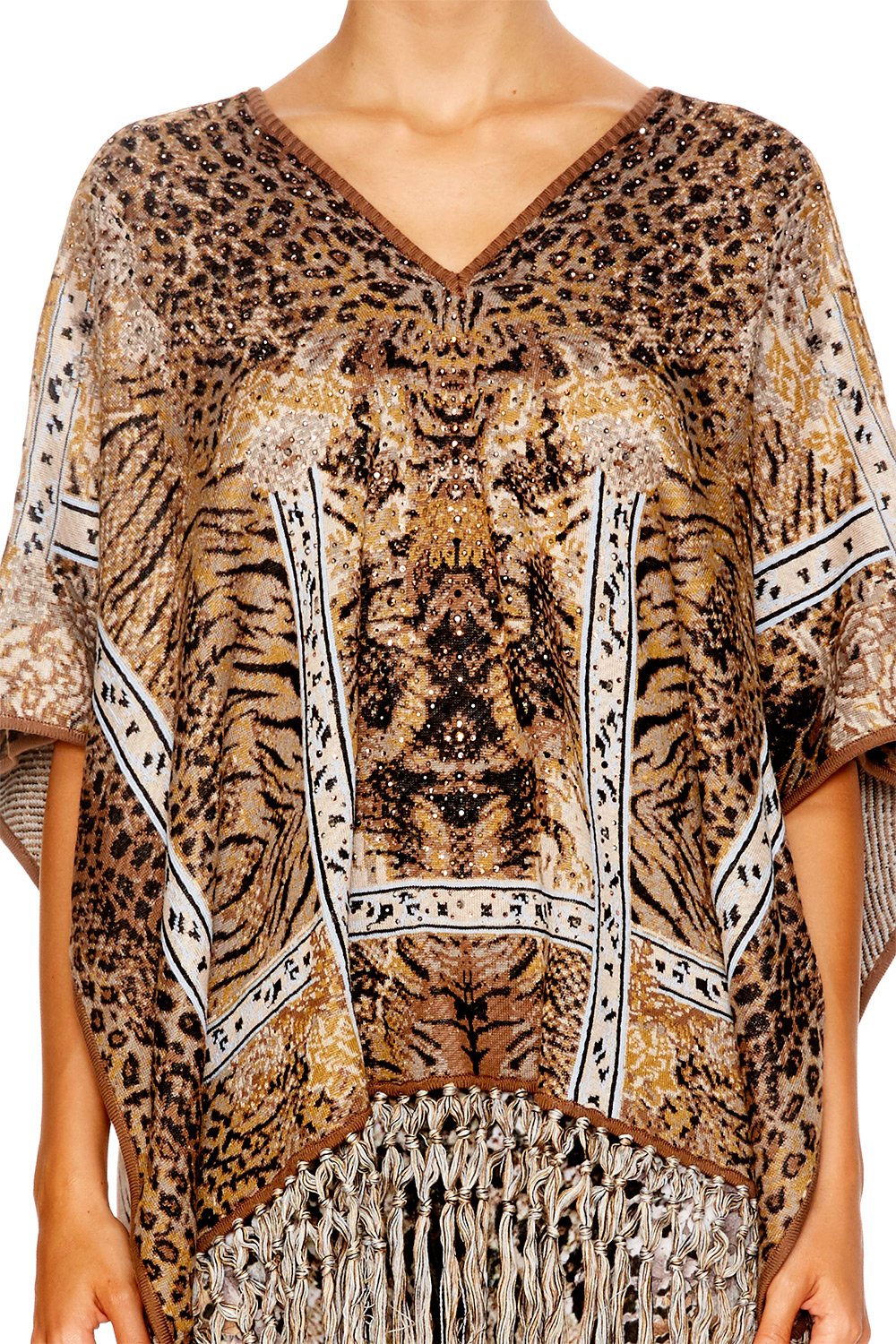 SPIRIT ANIMAL SHORT V-NECK PONCHO W/FRINGING