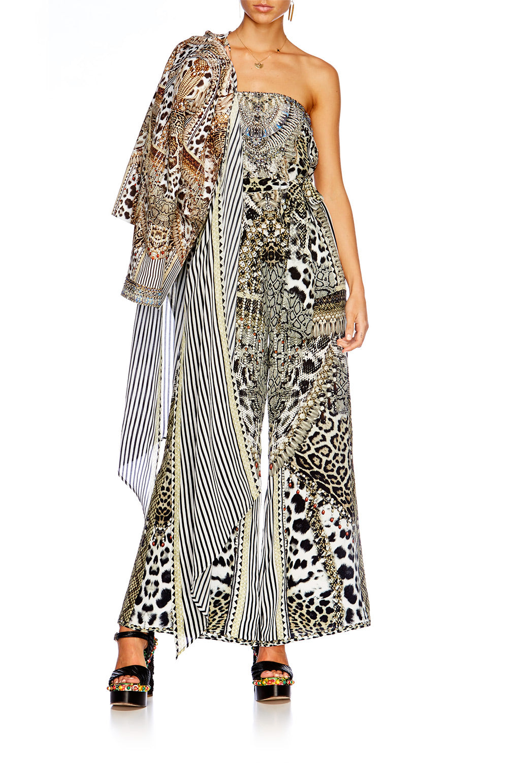 ANIMAL INSTINCT TIE WAIST STRAPLESS JUMPSUIT